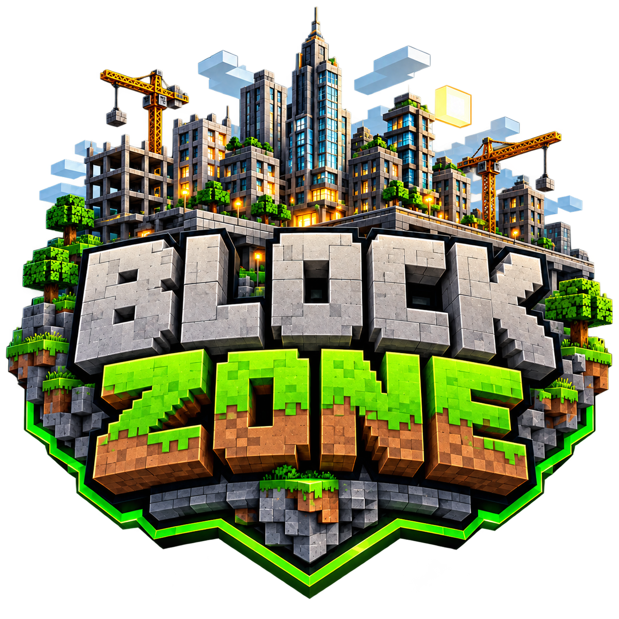 BlockZone Logo mit einer Minecraft-Stadt, Kränen und grünen Grasblöcken